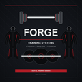 Digital training guide cover for 'FORGE TRAINING SYSTEMS' featuring minimalist black and red fitness silhouettes, a barbell, and weight plates on a dark background.