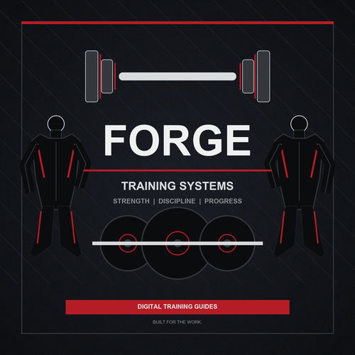 Digital training guide cover for 'FORGE TRAINING SYSTEMS' featuring minimalist black and red fitness silhouettes, a barbell, and weight plates on a dark background.